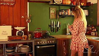 Lesbian meeting in the kitchen with charlie forde fingering wet pussy and ass licking to squirting orgasm outdoors.