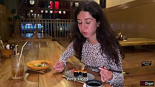 I CUM ON a girl's FACE in public SUSHI BAR and she EATS rolls with CUM on her FACE
