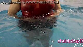 flashing boobs in public swimming pool with chubby milf solo