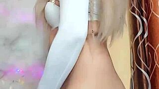 Transsexual White Beauty Masturbates Cock