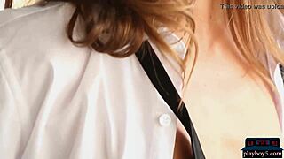 Petite milf with big natural tits amber sym strips down for solo action showing off heels and hairy pussy