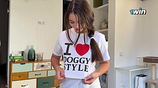 I seduced my cute friend in her fun t-shirt