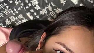 I love how this cute submissive brazilian girlfriend chokes on my big cock with deep sloppy blowjob and gagging