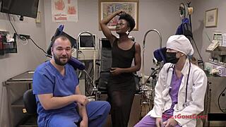 In the clinic, nurse Rina Arem examines the patient with gloves during a virgin checkup, leading to intimate backstage moments with toys and spreading.
