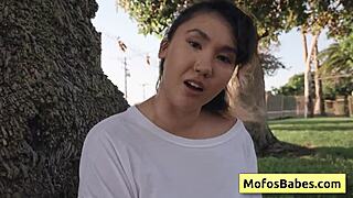 Hey, sexy Asian teen 18+ reveals big boobs outdoors to friend