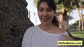 Hey, sexy Asian teen 18+ reveals big boobs outdoors to friend