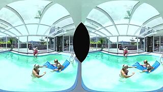 Foursome featuring big tits Czech blondes licking asses and pussies by the pool.