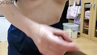 Handjob leads to hardcore fucking and cumshot on shaved pussy in homemade Japanese action!