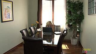 blonde babe dreams of hot lesbian action with a curvy milf in the kitchen, licking big fake tits 😏🍑