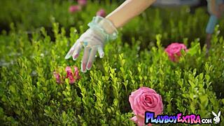 Redhead milf miranda strips naked in garden posing with petite skinny body and big tits outdoors