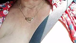 Amateur housewife flashing tits while riding outdoors