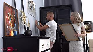 Lisa's painting installation turns into blonde babe riding and deepthroat with creampie finish