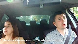 Deepthroat action in taxi with Russian milf Alina Tumanova reacting to harassment