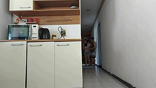 Risky kitchen sex with friend's big cock while husband is showering