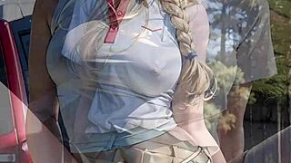 Ai generated blonde flashes shaved pussy on golf field!