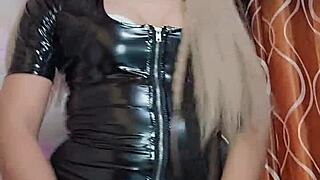 Latex transsexual explores self-pleasure through intense solo masturbation in private setting