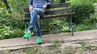 Milf spreads legs wide for intense pissing action that gets her hairy pussy all excited outdoors