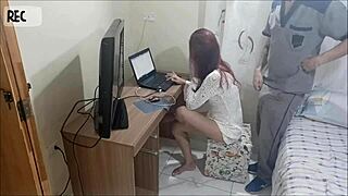 redhead amateur gets sneaky voyeur action with dirty talk and cum on ass