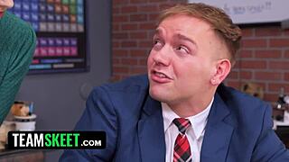 uh, naughty teacher catches her favorite students sexting each other while taking an exam, then joins in for uniform scissoring and pussy licking in threesome - teamskeet