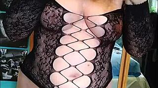 Wow, check out this blonde with big natural tits showing off her sexy new outfit in the bedroom!