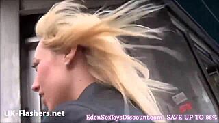 A blonde named Axa Jays exhibits publicly in outdoor settings