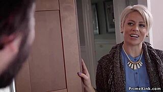 blonde woman and young adult sharing cock in kinky group domination session