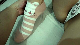 Pov sloppy blowjob in sexy white lingerie from petite girlfriend with small tits and brown eyes, licking balls and choking on cock before riding cowgirl style.