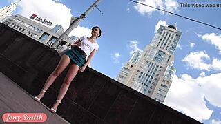 Jeny Smith flashes legs and skirt in public upskirt adventure part two.