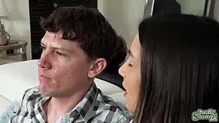 Brother unleashes massive cock for brunette to slobber