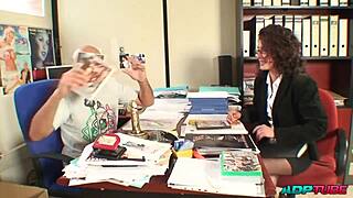 A mature slut endured a rough anal pounding during her office job interview, with intense doggystyle and blowjob action leading to a facial finish.