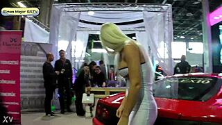 Blonde russian girl flashes panties in upskirt view while wearing skirt for teasing fun