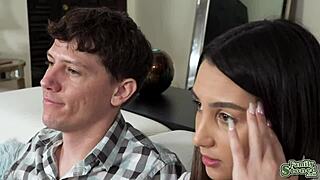 Brother unleashes massive cock for brunette to slobber