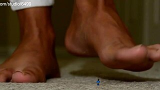 Giant woman squeezes and crushes small toys with her feet in domination scene