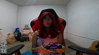 This cute curvy Latina teen babysitter begs for her tight pussy to be played with and filled with cum while gaming.