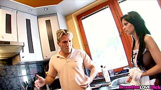 Sexy brunette maid Black Angelika seduces her boss into intense fucking with blowjob and big tits action.