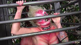 Blonde Milf with Big Boobs Transforms into Leather Cosplay Sex Doll for Girlfriend's Pussy Licking