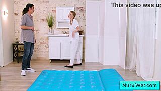 Pigtailed sexy blonde masseuse with big natural tits gets client wet and ready for intense nuru massage session