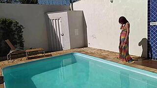 Whoa, check out that monster cock diving into redhead's big tits and ass for intense anal creampie fun by the pool! 💦🍆