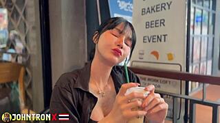 Skinny Asian takes public interracial anal creampie with Johntronx