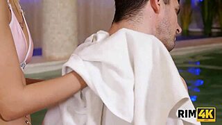 blonde fuck doll licks ass wildly before riding cock in steamy pool rimjob