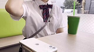 Tiny 143cm Japanese babe gets pounded hard by middle-aged guy in wild cumshot action!