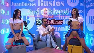 Hot Latin babes tease with shared fuck machine ride on podcast