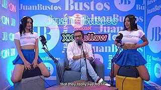 Hot Latin babes tease with shared fuck machine ride on podcast