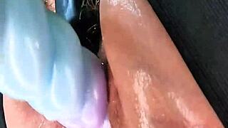 Fat pussy gets stretched wide with huge dildo, gaping and squirting everywhere.