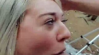 public fuck ends with cumshot facial after doggystyle action outdoors