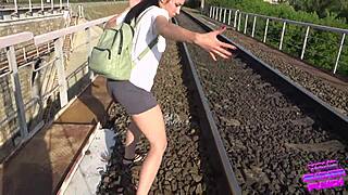 amateur brunette almost caught fucking on train