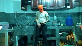 Oh wow, watch this 25-year-old man with a BIG PENIS go from flaccid to erect masturbating in the kitchen!