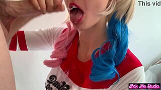 Amateur student in cosplay as Harley Quinn gets fucked doggystyle with big natural tits bouncing.