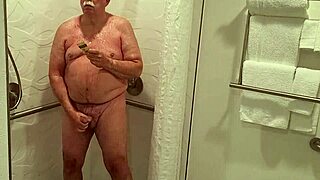 raw older man taking sexy shower in bathroom solo