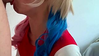 Amateur student in cosplay as Harley Quinn gets fucked doggystyle with big natural tits bouncing.